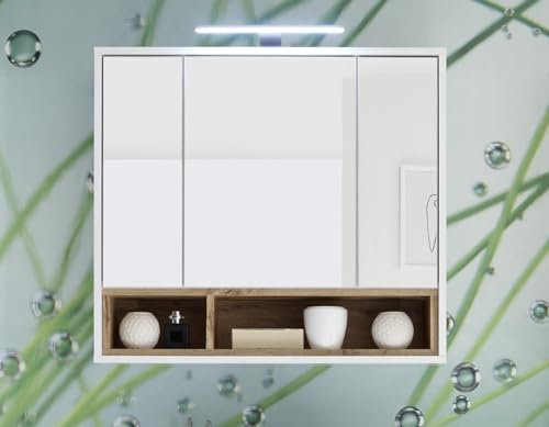möbelando Badezimmerspiegelschrank >Milano< in Weiß-Wildeiche - 80x72x21 (BxHxT)