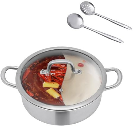 Hot Pot Herd,304 Edelstahl Dual Shabu,28/32cm Geteilter Topf mit Suppenkelle + Sieb,Hot Pot Induktion Suppentopf Glasdeckel für Zuhause, Party, Familientreffen (28cm)