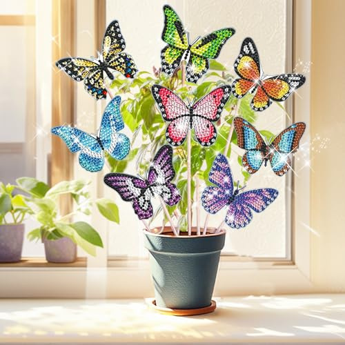 8 Stück Diamond Painting Schmetterling Sets, Diamond Painting Kinder Erwachsene Gartendekoration für Draußen und Drinnen Balkon Deko, Basteln für Kinder Diamont Painting Geschenk Für Mama Und Mädchen