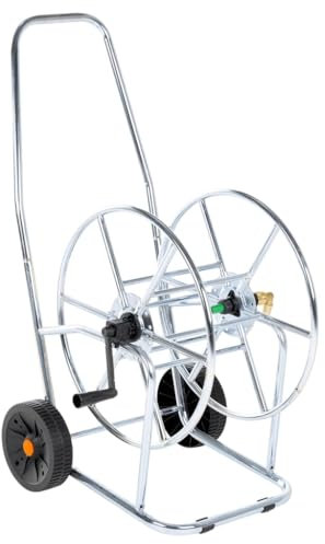 vidaXL Hose Reel Cart - Garden Trolley for 80m 3/4 Hose, Galvanised Steel Frame, Integrated Wheels, Angled Connector, Silver/Black
