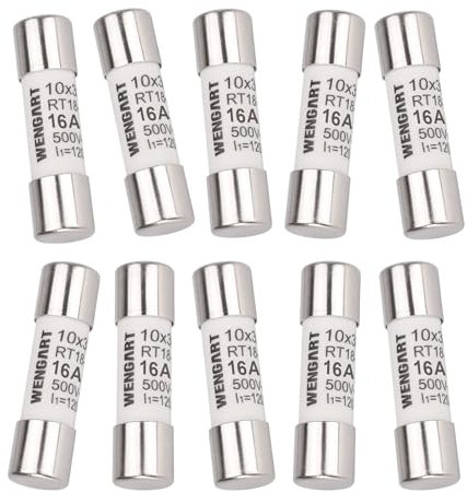 Wengart Inserto fusibile a cilindro AC RT18-32 (RO15), 10 pezzi, 10 x 38 mm, AC500V, 16A 120 kA, forte capacità di commutazione, può proteggere in modo affidabile il circuito