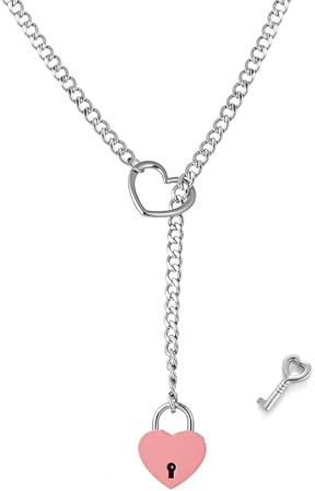 Dtexhif Collana girocollo a forma di cuore per donne e uomini, in acciaio inossidabile, collana lunga punk rock, regolabile, con lucchetto a forma di cuore con chiave (lucchetto rosa)