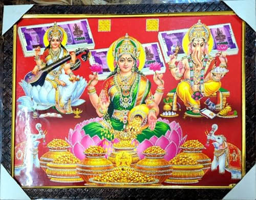 Göttin Lakshmi Devi Lakshmi Saraswati Ganesha Ji Laxmi Ganesh Ganpati Saraswati Mata Saraswati mit Bilderrahmen Dhana Vaibhav Laxmi Maa Vishnu Laxmi Ji Foto Diwali Dhanteras Größe 43,2 x 33 cm