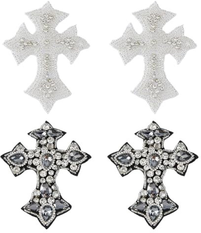 SUPERFINDINGS 4Pcs 2Styles Cross Beaded Applique Fashion Cross Rhinestone Beaded Patches for Clothes Embroidery Iron on Sew on Clothing Patches for Hat Jackets Jeans Dress DIY