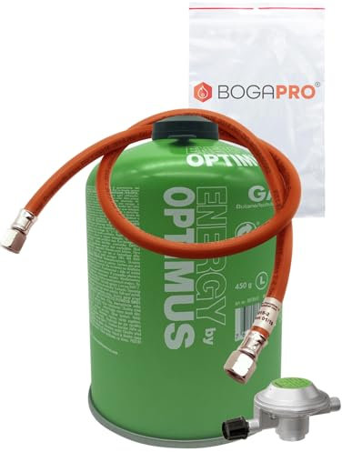 BOGAPRO Kartuschen Anschluss Set mit Optimus Butan Kartusche 450g, Regler 50 mbar, PVC Gasschlauch für Gaskocher und Gasgrills, Polybeutel