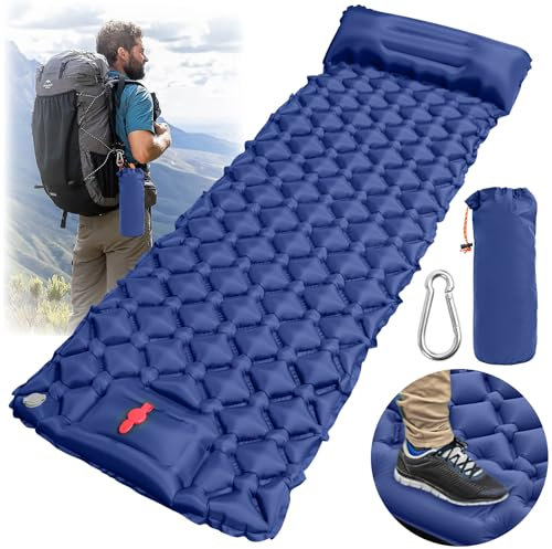 PRZRAO Matelas Randonnée Ultra Léger Matelas Autogonflant avec Mousqueton Imperméable Matelas Camping avec Pompe à Pied pour La Randonnée Le Camping Les Activités de Plein Air(Bleu)