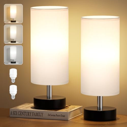 Kakanuo Nachttischlampe 2er Set, Tischlampe Klein, Weißer Nachttischleuchte, Tischleuchte mit Kabelschalter, Kleine Lampe für Nachttisch Wohnzimmer Schlafzimmer Büro Kinderzimmer(Birne Enthalten)