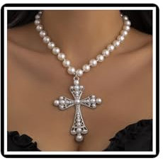 Dishowme Kristall Perle Kreuz Halskette Punk Faux Perlen Anhänger Halskette Kette Vintage Strass Kruzifix Schmuck für Damen Frauen (Silber)