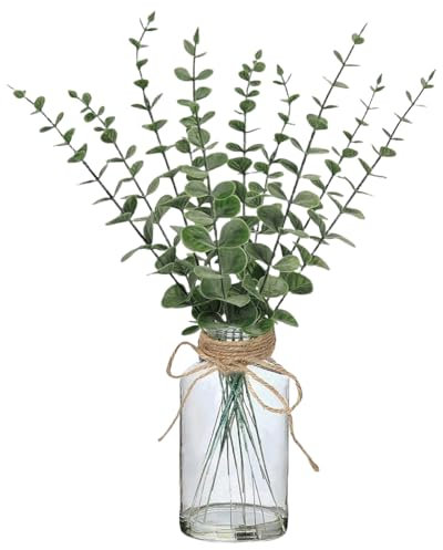 Avoik 12 plantas artificiales de eucalipto en jarrón de plástico de eucalipto, ramas de eucalipto, tallo de eucalipto para decoración de mesa, bodas, fiestas, hogar, arreglos florales, decoración