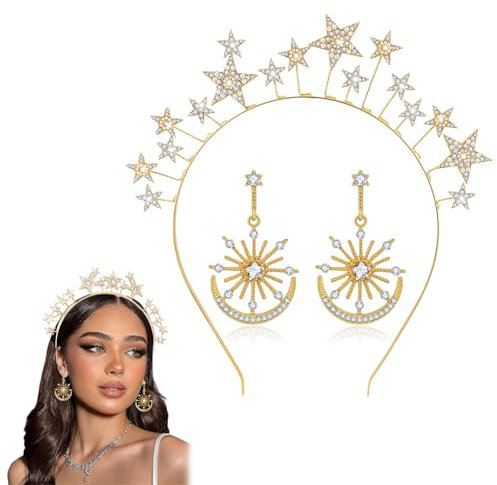 RYMAUP Halo-Krone, goldene Sterne, Stirnband, Kopfbedeckung mit Mond-Ohrringen, Braut-Strass-Diademe, glitzerndes Metall-Haarband-Set für Party, Geburtstag, Festival