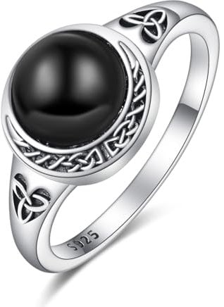 KINGWHYTE Keltische Ringe Damen 925 Silber Schwarz Onyx Ringe Keltischer Knoten Ring Irischer keltischer Schmuck Geschenk für Frauen Mädchen