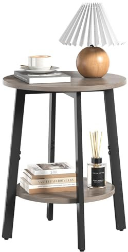 sthmec Beistelltisch, kleiner runder Beistelltisch mit Ablageregal für kleinen Raum, 2-stöckiger Nachttisch, Sofa, Couchtisch, runder Akzenttisch, Nachttische für Wohnzimmer, Schlafzimmer, Grau