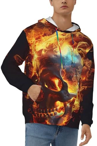Zorin Sweat à capuche pour homme avec poche crâne flamme sombre 3D fantaisie pull, Noir , XXL