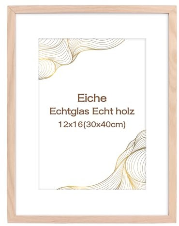 kollyseek Bilderrahmen 30x40cm Eiche Echtholz Echtglas mit Passepartout Natürlicher hölzerner Rahmen Echtglas Eiche Posterrahmen Große Collage (Eicheholz)