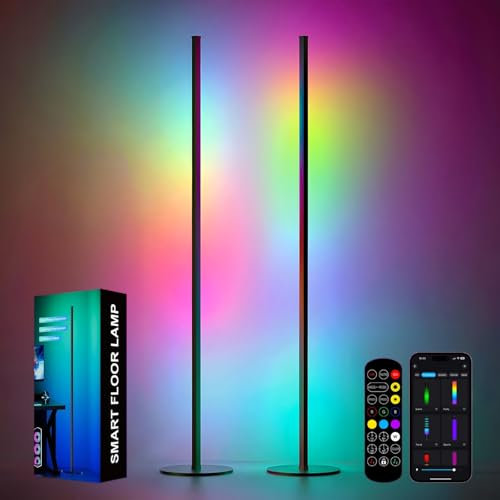 Meewata LED Stehlampe Wohnzimmer, 2 Stück Aufgewertete Ecklampe RGB Dimmbar mit Fernbedienung und APP, 16 Millionen Farben, Musikmodi, DIY-Modus & Timing-Funktion für Schlafzimmer, Spielzimmer, Büro
