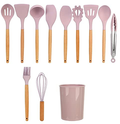 REXVTNS 12Pcs Silicone Cooking Utensils Set | Safe Non - Stick Kitchen Tools for Baking/Frying | Heat - Tolerant 480°F, Wooden Handle (Pink)