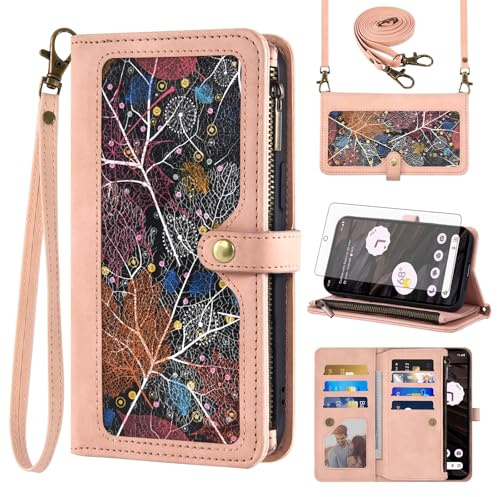 Asuwish Handyhülle für Google Pixel 7a Hülle mit Band Folie Schutzfolie Kartenfach Klappbar Leder Geldbörse Ständer Pixel7a 5G a7 Handy Hüllen Schutzhülle Reißverschluss Handyhüllen Phone Case Rosa