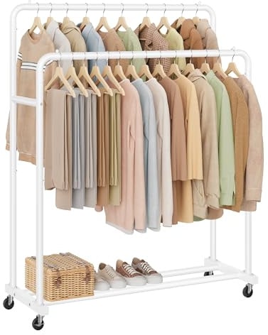 SONGMICS Stand Appendiabiti con Ruote, Attaccapanni, 2 Ruote con Freno, Camera da Letto, Portata fino a 90 kg, 46,5 x 110 x 155,5 cm, Bianco Opaco HSR017WG01