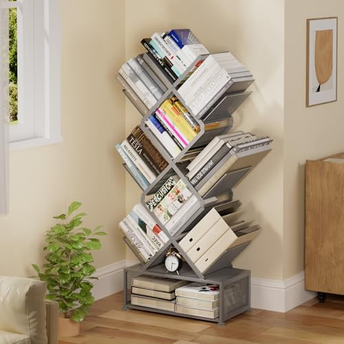 Onadak 7-Tier Foldable Metal Bookshelf, Space Saving Bookcase with 7 Irregular Shelves, No Assembly Required Modern Tree Design, for Living Room, Bedroom, Home Office (Gray)