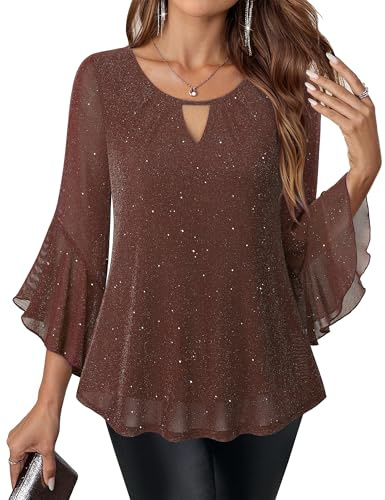 VALOLIA Womens Sparkly Tops Dressy Ruffle 3/4 Sleeve Blouses Glitter Cocktail Party Evening Shirts