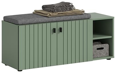 xonox.home – Sitzbank inkl. Sitzkissen Station 106x43x37 cm in Smoke Green Nachbildung – Garderobenbank mit 2 Türen, flexiblen Einlegeböden für Flur & Diele