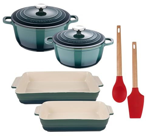 Juego de 2 Cacerolas con tapas Ø20Ø24cm en aluminio + 2 Fuentes de horno en gres Verde + 2 Utensilios de cocina (cuchara, espátula) EXCALIBUR Bergner