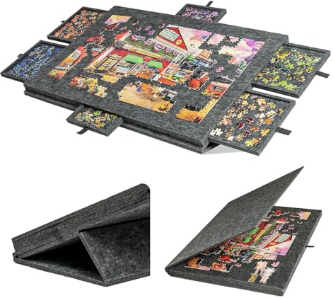 Jigsaw Puzzle Board for 1000 Pieces,Tilting Puzzle Table with 6 Drawers | 2-in-1 Stand Cover,Lightweight Felt Anti-Slip,Portable Jigsaw Board with Storage,for Adults,Dark Grey,30.3x21.1x1.7