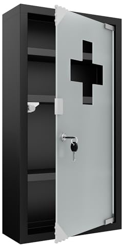 UISEBRT Medizinschrank aus Edelstahl 30 x 12 x 57,5cm, 4 Fächer Abschließbar Arzneischrank mit Glastür, Erste Hilfe Schrank inkl. 2 Schlüsseln, Medikamentenschrank Apothekerschrank, Schwarz
