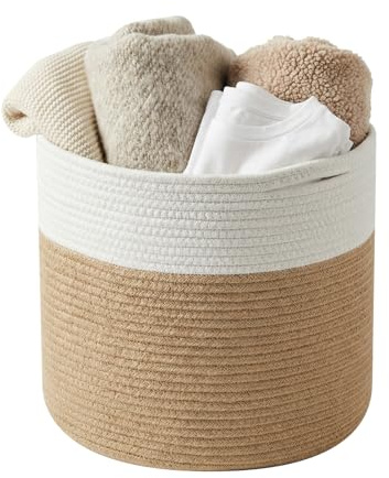 Woven Cotton Rope Laundry Basket, 21L Round Blanket Basket with Handle, Dirty Clothes Basket, Toy Storage, Decorative Plant Pots Indoor, Plant Baskets Indoors for Home Office 30x30cm (White, Brown)