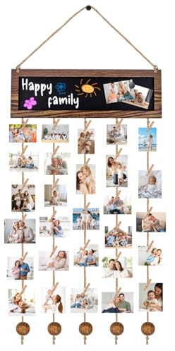 XETHI Marco de Fotos de Madera Personalizable con Pizarra – 30 Pinzas, 5 Cuerdas, 3 Adhesivos – Tablero Rústico para Colgar Fotos en Pared, Fiestas, Cafeterías, Hogar