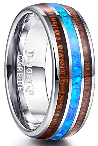 NUNCAD Blau Opal Ringe Herren Damen 8mm Silber aus Wolfram mit Koa Holz Verlobungsring Freundschaft Größe 65.0 (20.7)