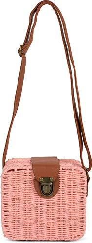 styleBREAKER Damen geflochtene Umhängetasche im Bohemian Style, Rattan Optik, Schultertasche, Crossbody Bag, Korbtasche 02012295, Farbe:Rosa
