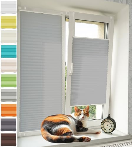 Vkele Plissee Klemmfix Rollo ohne Bohren Easyfix Rollo Hellgrau 90 x 200 cm mit Klemmträge für Wohnzimmer, Büro, Küche.