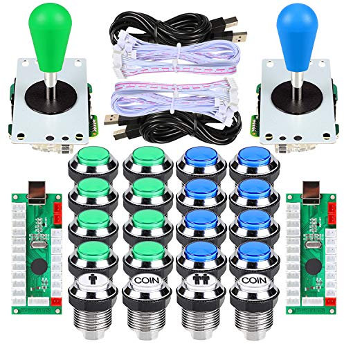 EG STARTS 2 Joueur Ellipse Arcade Kit ovale Bat joystick Poignées Boutons LED Chrome Arcade pour Arcade Gamepads & Controller Standard Jeux de bricolage MAME Pièces (Bleu Vert)