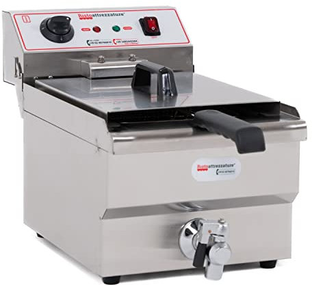 Ristoattrezzature Friggitrice Elettrica Singola Vasca, Professionale in Acciaio Inox - con Rubinetto di Scarico - 13 Litri, Capacità Olio 10 Litri - 220 Volt