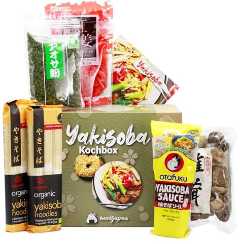 Yakisoba Kochset für japanische Bratnudeln (6-teilige Kochbox, inkl. Anleitung), Geschenkidee | Bestehend aus: Ramen Nudeln, Shiitake Pize, Aonori, Yakisoba Sauce, Beni Shoga Ingwer