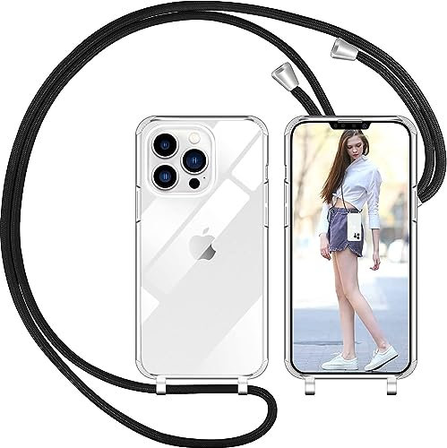 Nupcknn Liquid Silikon Handykette Hülle für iPhone 13 Pro Hülle Necklace(abnehmbar) Hülle mit Kordel zum Umhängen Handy Schutzhülle mit Band(Schwarz 1, 6.1)