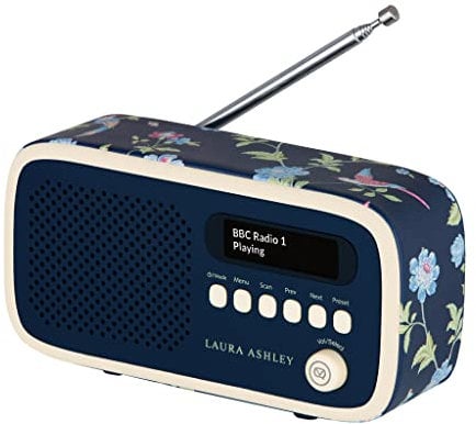 Laura Ashley Dexter Radio DAB+/DAB con FM, Altoparlanti Stereo da 3W e Schermo LCD di VQ - Alimentata da Rete e Batteria, Radiolina Portatile con 60 Preselezioni, Antenna e Presa Cuffie - Elveden Blu