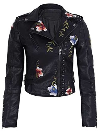 YILANUOYI Damenjacke aus Kunstleder, bestickt, mit Nieten, Moto-Punk-Jacke, Blumenmantel, Xhpy Black, M