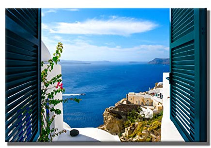 Leinwandbild Window View Santorini Griechenland | Fensterblick | 80 x 120 cm Querformat | Bild auf Leinwand | Insel Meer Aussicht Blumen Berge | Deko Einrichtung | modern | Wohnzimmer Schlafzimmer