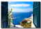 Leinwandbild Window View Santorini Griechenland | Fensterblick | 80 x 120 cm Querformat | Bild auf Leinwand | Insel Meer Aussicht Blumen Berge | Deko Einrichtung | modern | Wohnzimmer Schlafzimmer