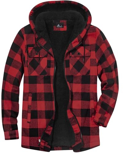 JACKETOWN Men's Flannel Jacket Full Zip Warm Lumberjack Shirt Jacket Long Sleeve Hoodie Fleece Sherpa Lined Coat with Zipper Hood Pockets Winter Jacket(Red-L)