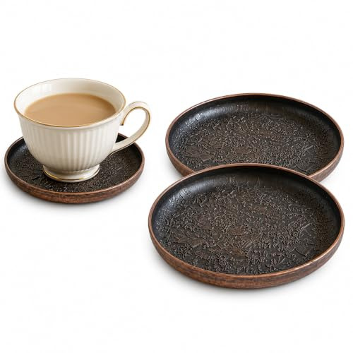 Beavorty Retro Tea Saucers 2 pcs Metal Coasters for Coffee Cups Cup Coaster Tray for Home Tea House Restaurant and Hotel Smooth Edge 3.03 in