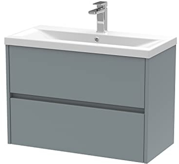 Hudson Reed HAV2306A Havana Modern Bathroom Wall Hung 2 Drawer Vanity Basin Unit & Mid-Edge Ceramic Basin, 800mm, Matt Coastal Grey