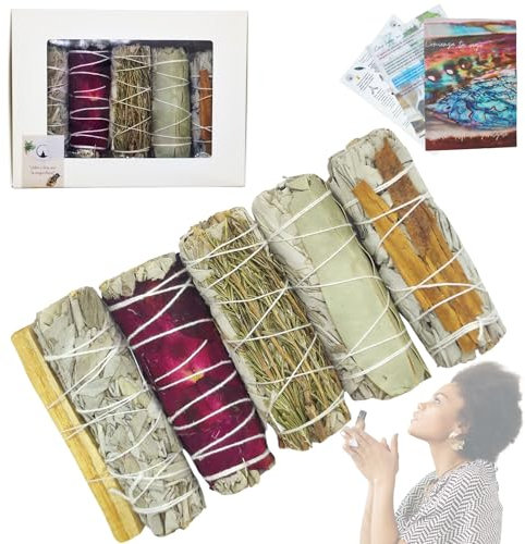 SAMAYZEN - Kit Sahumerios Salvia Blanca para Quemar con Palo Santo, Canela, Rosas, Eucalipto, Romero - Incienso Natural para meditar y Relajarse - Limpieza energética de la casa - Smudge