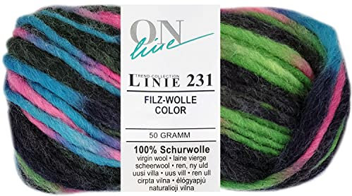 50 Gramm ONline Linie 231 Filzwolle Color aus 100% Schurwolle 0108 Blau Pink Grün Mix