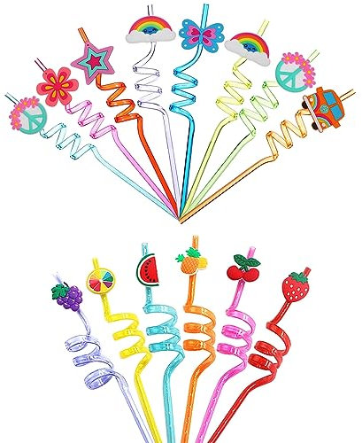 KALUROIL 14 PCS Pailles en Plastique Réutilisables Thème des fruits + thème rétro hippie Pailles Spirale pour Anniversaires d'enfants et Fêtes