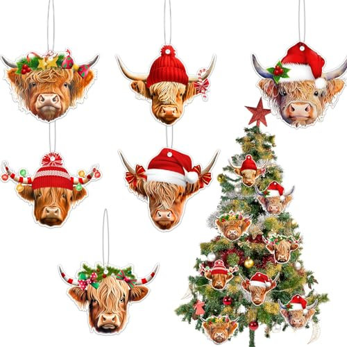 24pcs Highland Cow Christmas Tree Decorations, Rustic Wooden Farmhouse Themed Hanging Ornaments for Xmas Decors