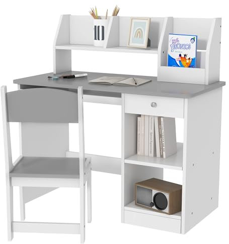 ZONEKIZ Kids Desk and Chair Set with Storage, for Ages 5-8 Years, 2 Piece Children Table and Chair Set with Keyboard Drawer, Grey
