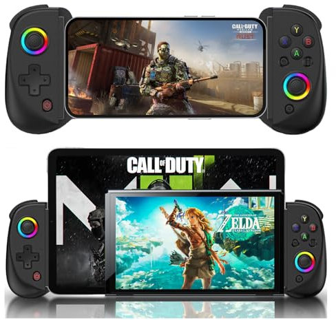 Kabelloser Game-Controller für iPhone/Android/PC, arVin Bluetooth-Gamepad mit 7-farbigen RGB-Lichtern/Turbo für iPad/Switch/PS4, Unterstützung für Streaming und Cloud-Spiele, Schwarz